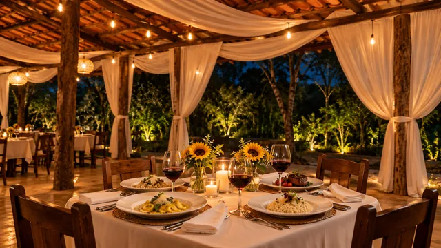 Mesa da ceia de Réveillon sob tenda branca com velas, girassóis e vinho