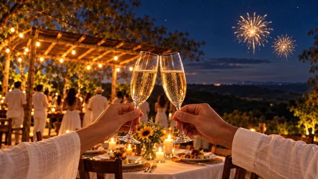Brinde com espumante no mirante, com a ceia e fogos de artifício ao fundo